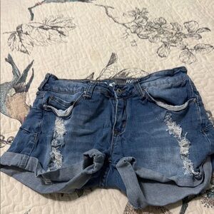 Blue Distressed Jean Shorts with Frayed Hem